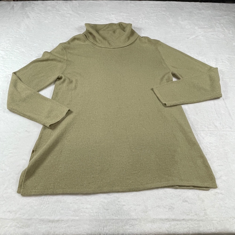 Chicos Design Turtleneck Sweater Olive Green Knit Tunic Side Slits Size 2 Large